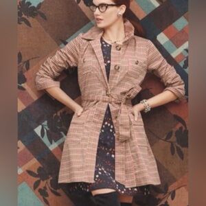 CAbi Women's Tan Red Brown Green Houndstooth Plaid SHERLOCK Trench Coat L